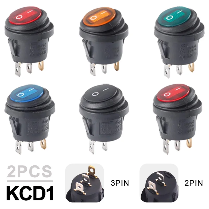 2Pcs Waterproof Button Rocker Switch Boat-shaped Round Switch 3Pin Silver Point Switches with 12V 220V Light