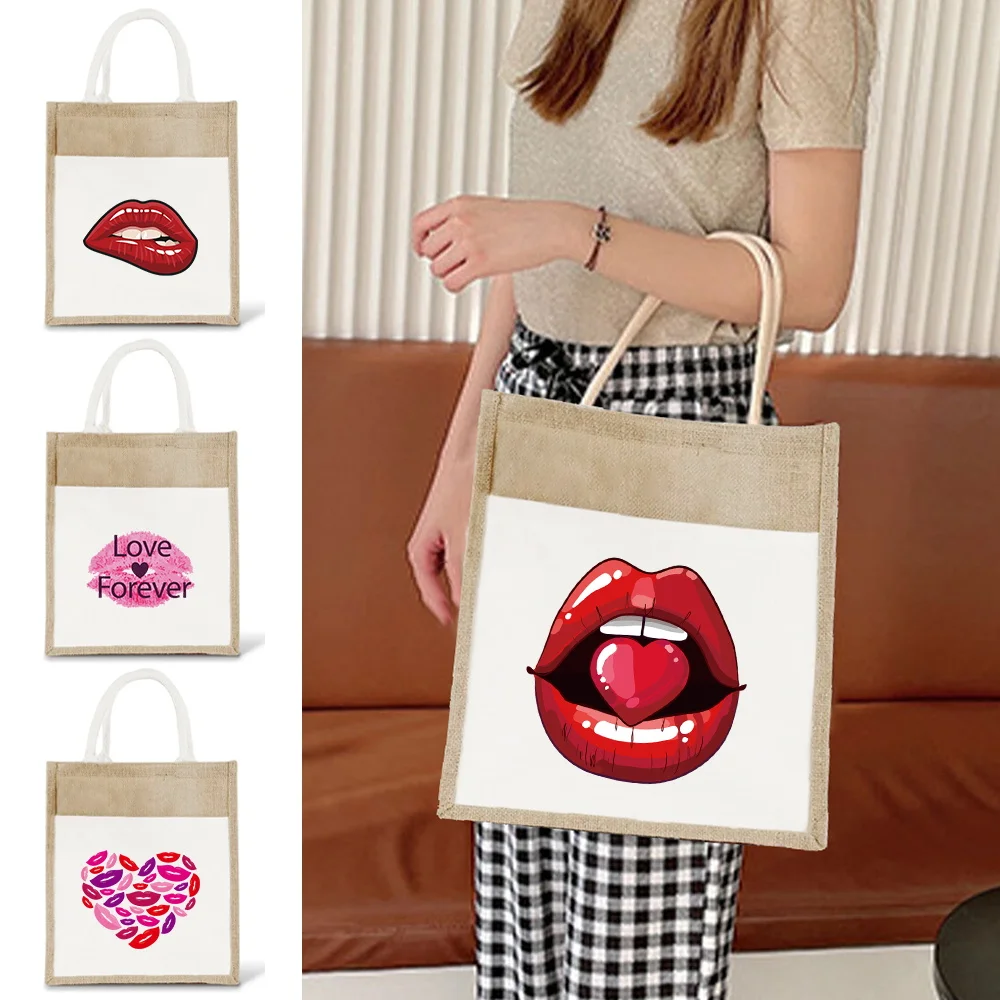 

Grocery Bags Environmentally Jute Shopping Bag Portable Beach Shoulder Bags Mouth Series Reusable Shopper Organizers Linen Bag