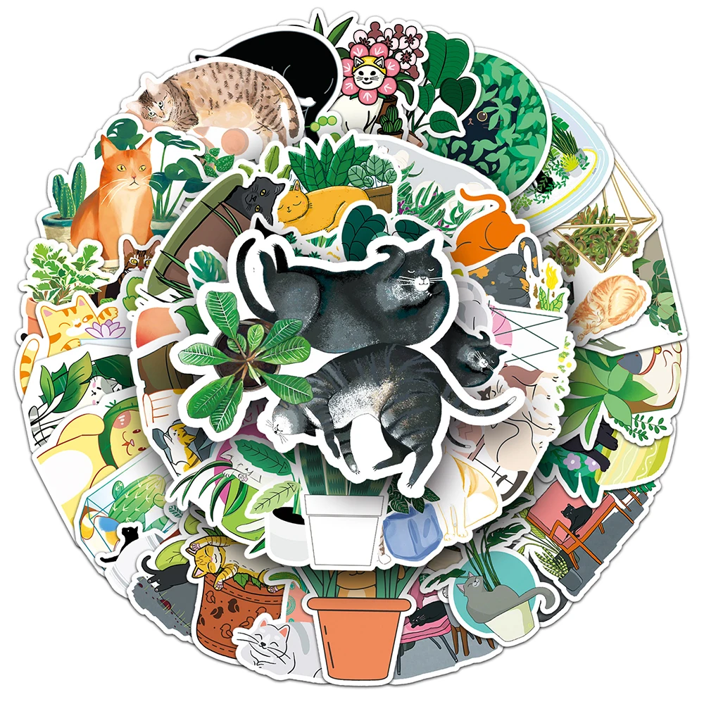 

10/30/50pcs Cartoon Cat and Plant Graffiti Stickers Cute Creative Decals DIY Motorcycle Guitar Scrapbook Decoration Sticker Pack