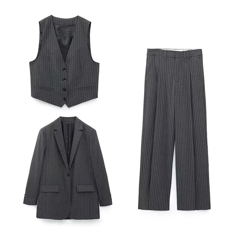 

2023 Spring Women's Fine Striped Suit+Straight Cut Long Suit Coat+Pants Set