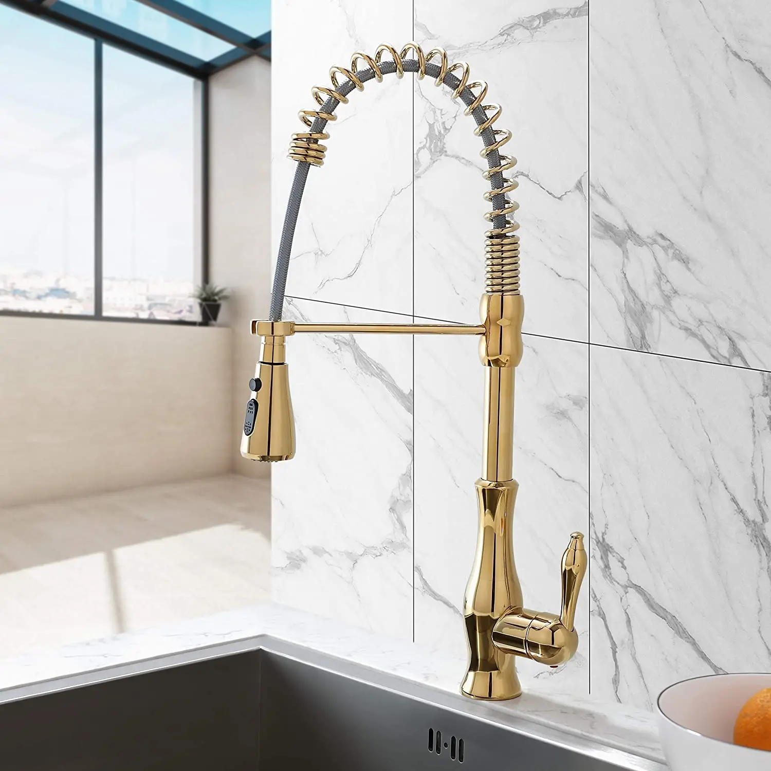 

High Quality Modern Gold Kitchen Faucet with Pull Down Sprayer, High Arc one Handle Swiveling Golden Copper Cold hot Kitchen Tap