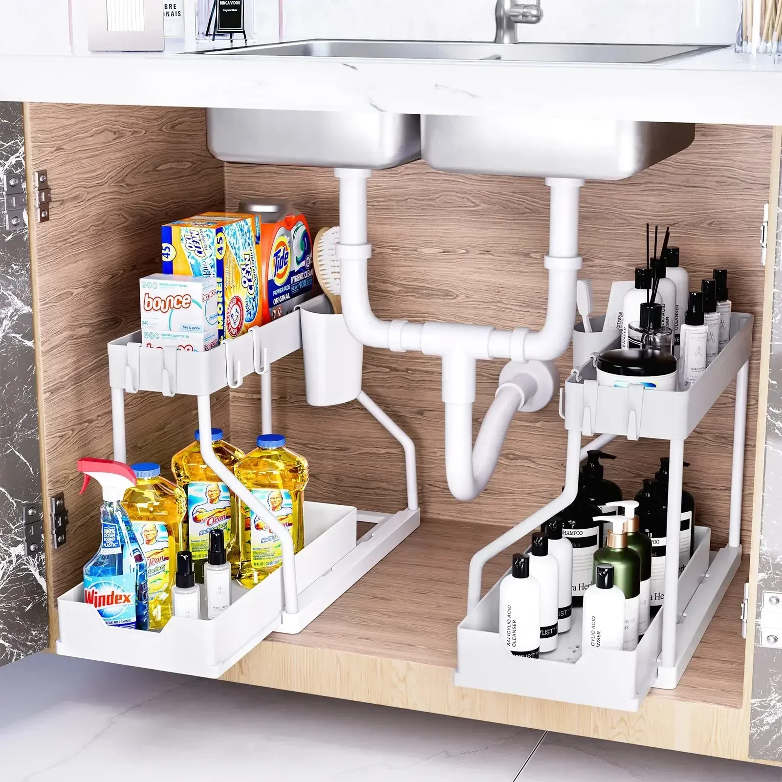 Kitchen Under Sink Organizer 2 Layer Pull Out Multifunctional Drawer Shelf Organizer Bathroom Desktop Cabinet Rack