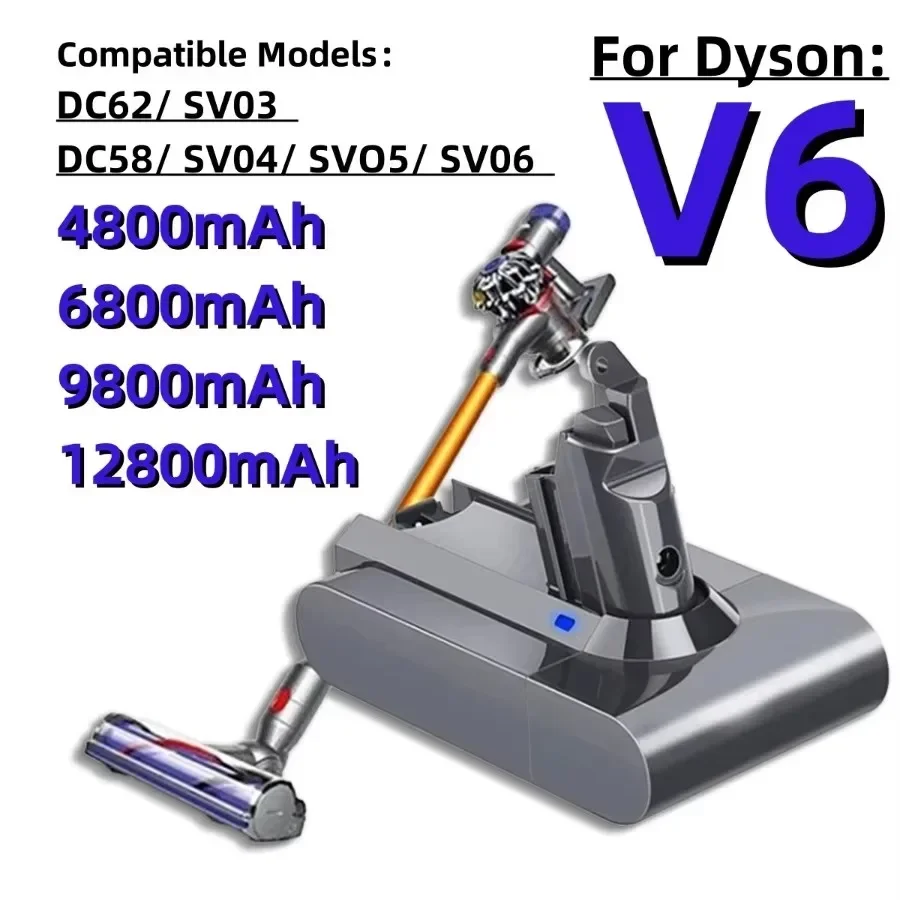 Dyson vacuum cleaner uses V6 battery, 21.6 V,12800mAh, 21.6 V, 12.8Ah, DC62, DC59 (4,8 Ah, 6,8 Ah, 9,8 Ah, 12,8 AH)