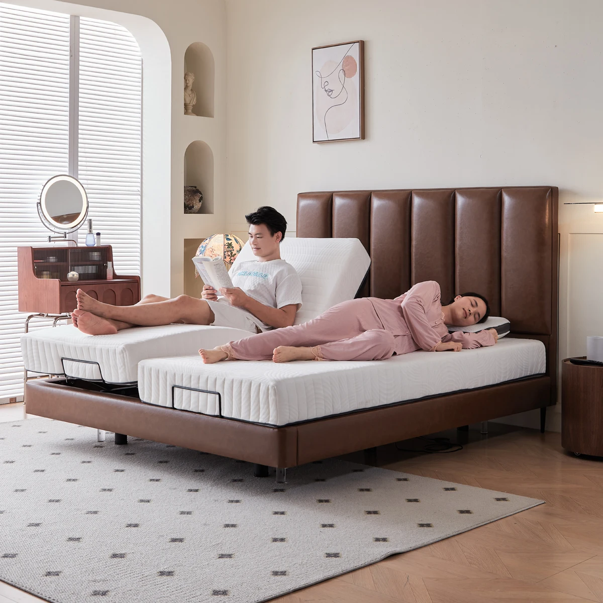 

New Bedroom Automatic Lifting Electric Smart Double Bed Can Adjust Zero-pressure Mattress King-size Leather Bed