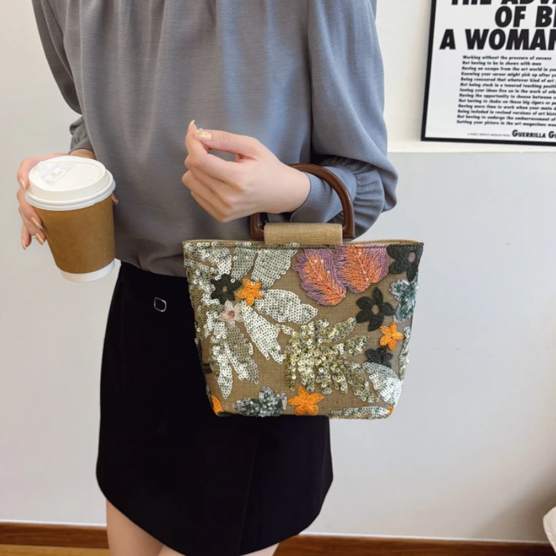 Straw Woven Beach Bag with Embroidered Flower Sequins