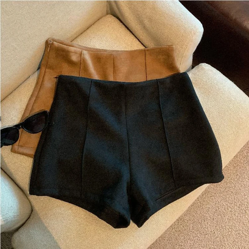 Bomon Vintage Solid Color Woolen Shorts Fall/Winter Women's Clothing New High-Waisted A-Line Wide-Leg Pants High-Grade Pants