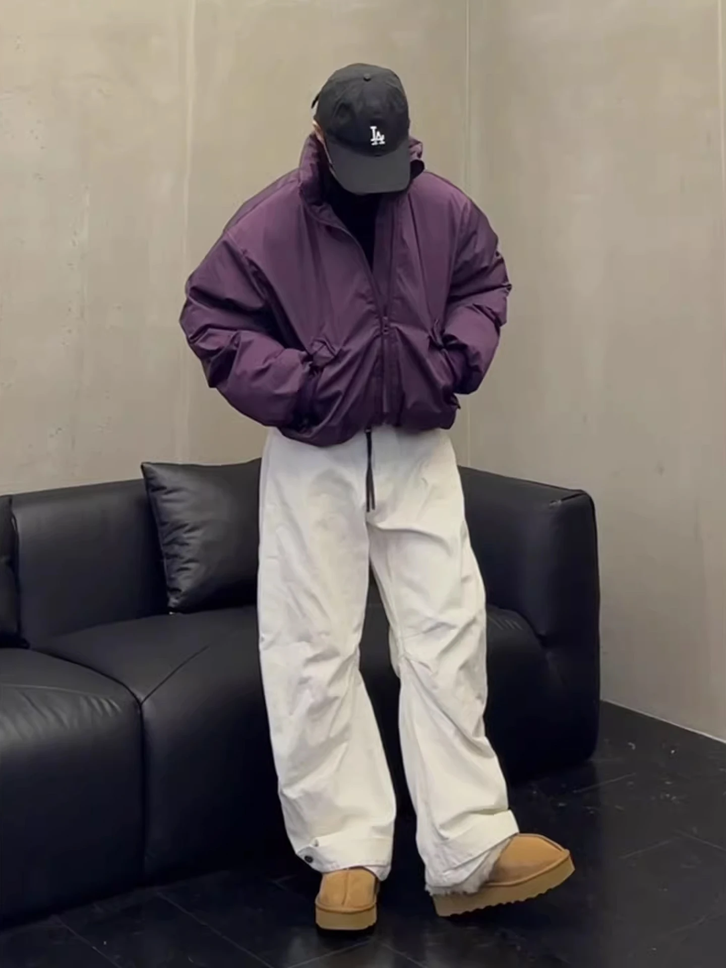 Purple Bomber ort Cotton Jaet Men's Winter Cleanfit Double-sided Wear Stand Collar Ribbed Cotton Coat Youth Faion - view 5