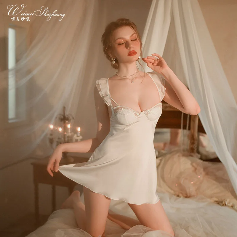 

Сексуальная ночная рубашка Pure Desire Стиль Ночная рубашка на бретельках Сексуальная ночная рубашка с открытой спиной и галстуком-бабочкой Искушение Кружевная ночная рубашка на бретельках