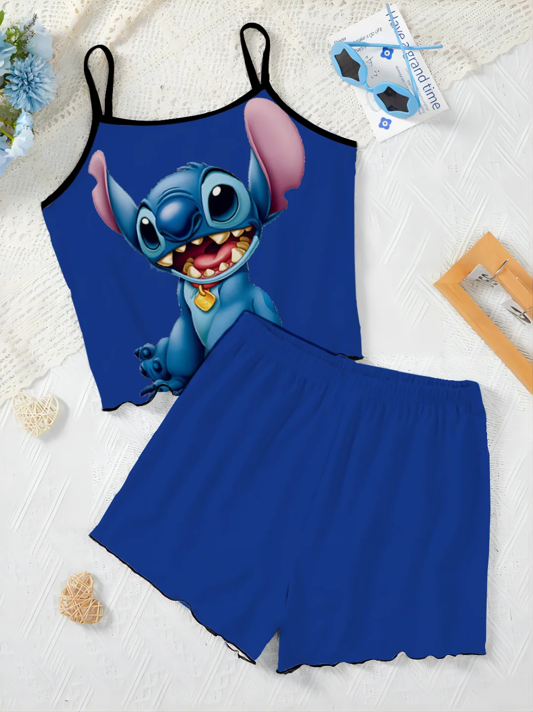 Disney-mulheres de luxo elegante saia do pijama, vestido deslizante, ponto t-shirt, top, guarnição peças, curto, casa, 2 pcs terno