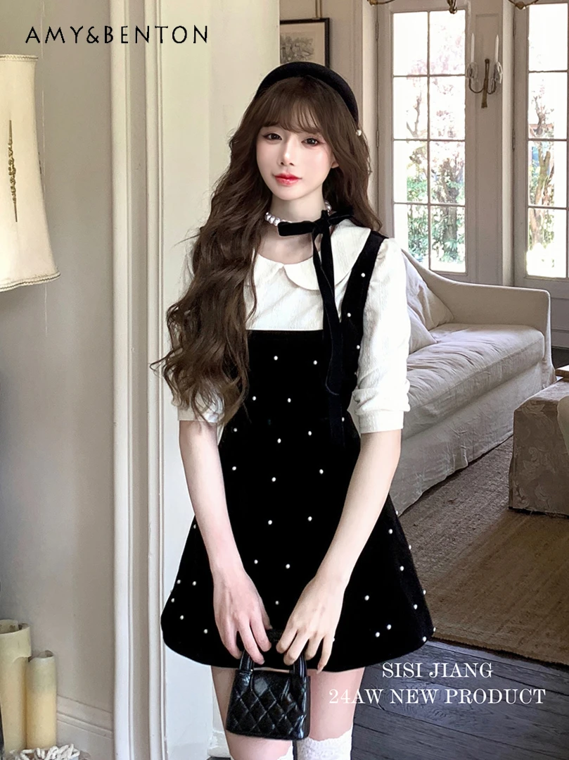 

French Graceful Hepburn Style Pearl Velvet Splicing Fake Two-piece A-line Dress Women Summer Sweet Doll Collar Slim Mini Dress