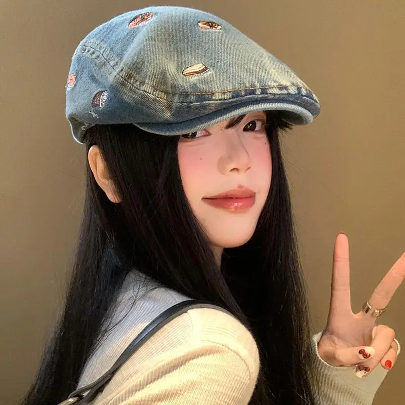 Korean Washed Denim Forward Hat Men and Women Spring and Autumn Trend Sunshade Short Brim Cake Embroidery British Newsboy Cap