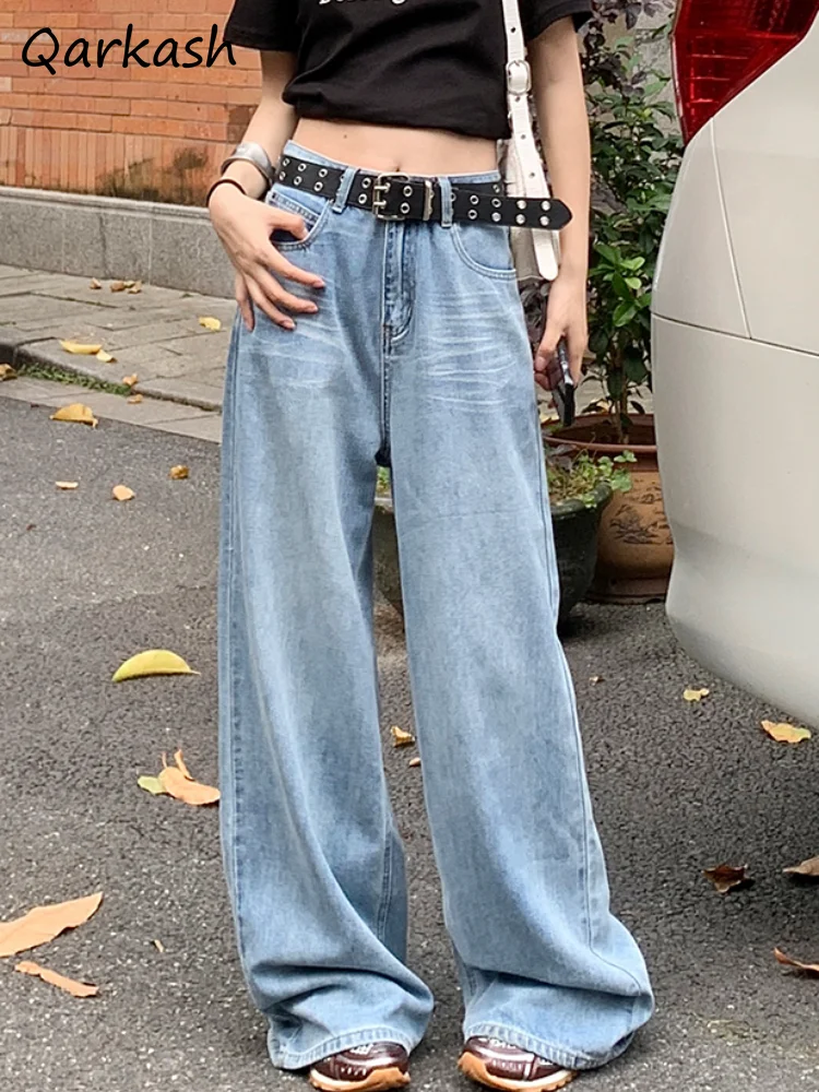 

Jeans Women Washed Distressed High Waist Baggy Korean Popular Fashion All-match Wide Leg Straight Trousers Streetwear Hipster