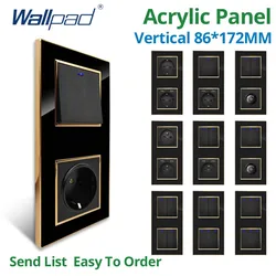 Wallpad Vertical Black Acrylic Panel Gold Border Wall Light Switch USB Charge EU Power Socket 4 5 6 7 8 Gang 2 Way Reset