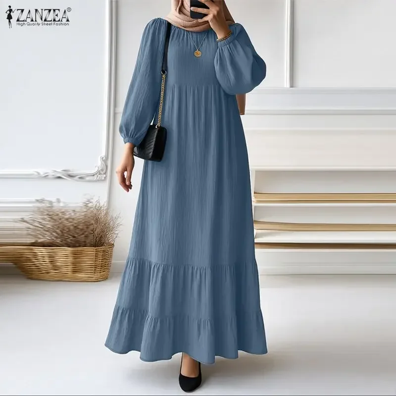 

ZANZEA Spring Elegant Long Sleeve Muslim Dress Abaya Women Dresses 2026 Stylish Ruffled Hem Robe Stylish Holiday Party Sundress