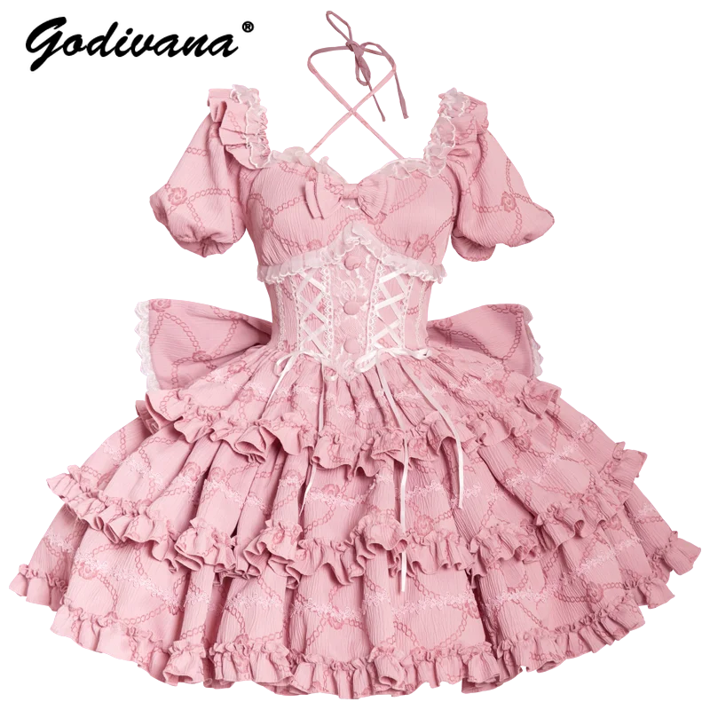 Op Princess Bow Training Dress Original Design New Spring Summer Girl Women\'s Lolita Puff Sleeve Slim Pettiskirt Party Dresses