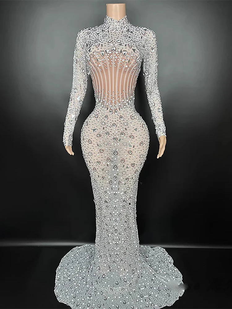 고품질 라인스톤 스팽글 섹시 탄성 메쉬 드레스 2025 신상 맞춤 여성 의류