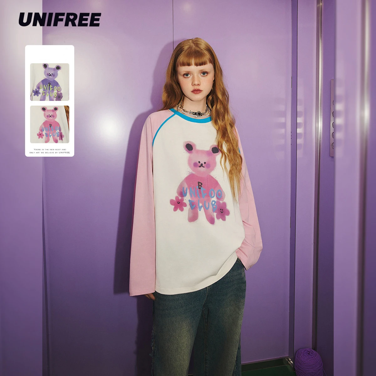 

UNIFREE Graffiti Print Long Sleeves T-shirt Women Streetwear Fashion American Retro Cartoon Contrast Stitching Loose Pullover