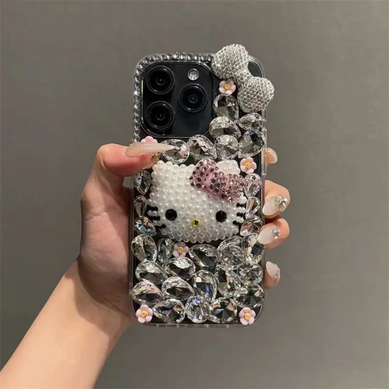 

Rhinestone 3D Bowknot Sanrio Hello Kitty Phone Case for IPhone 16 Pro Max 15 Promax 14 Plus 13 12 11 Protective Case