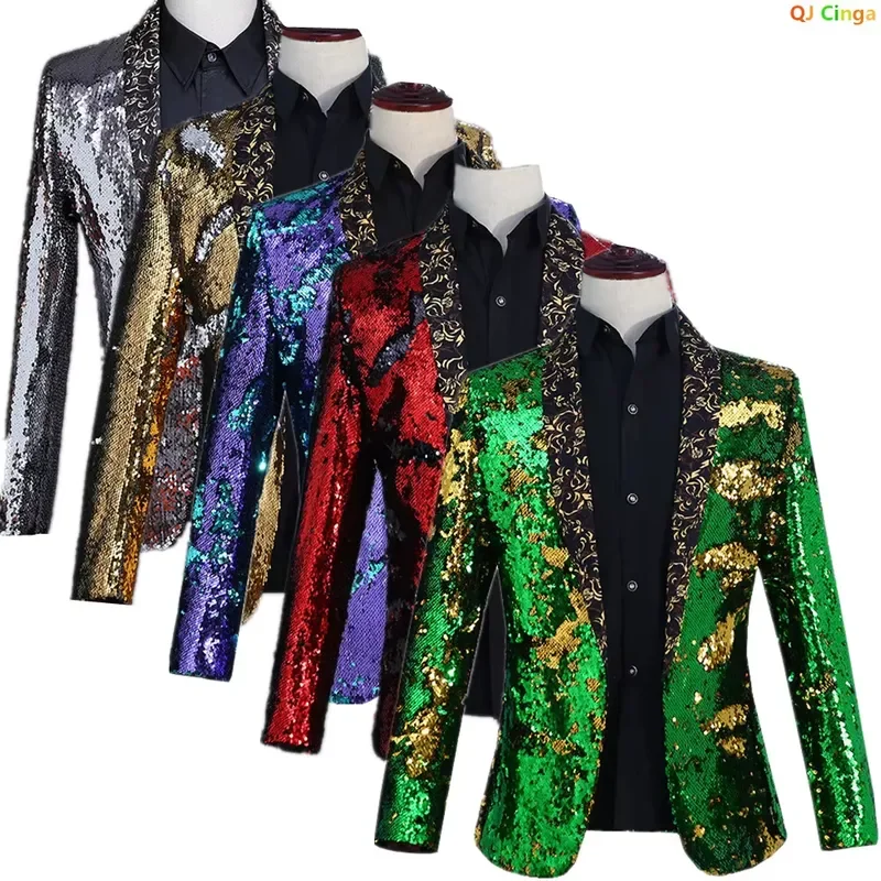 Men V Neck Suit Jacket Green Gold Embroidered Blazer Sparkling Sequin Wedding Party Coat Blue Red Formal Tuxedo Asian Size