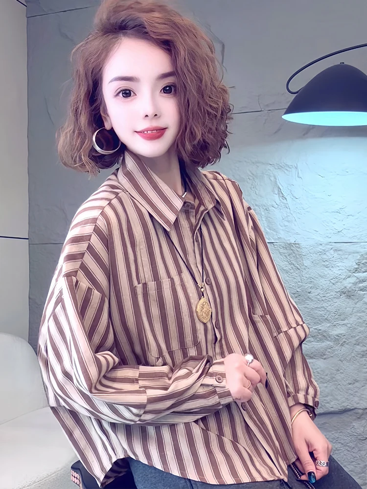 Moda feminina solta longa Sve irt outono nova chegada listrada agasalhos Faionable Casual Vintage Sle respirável Comfo...