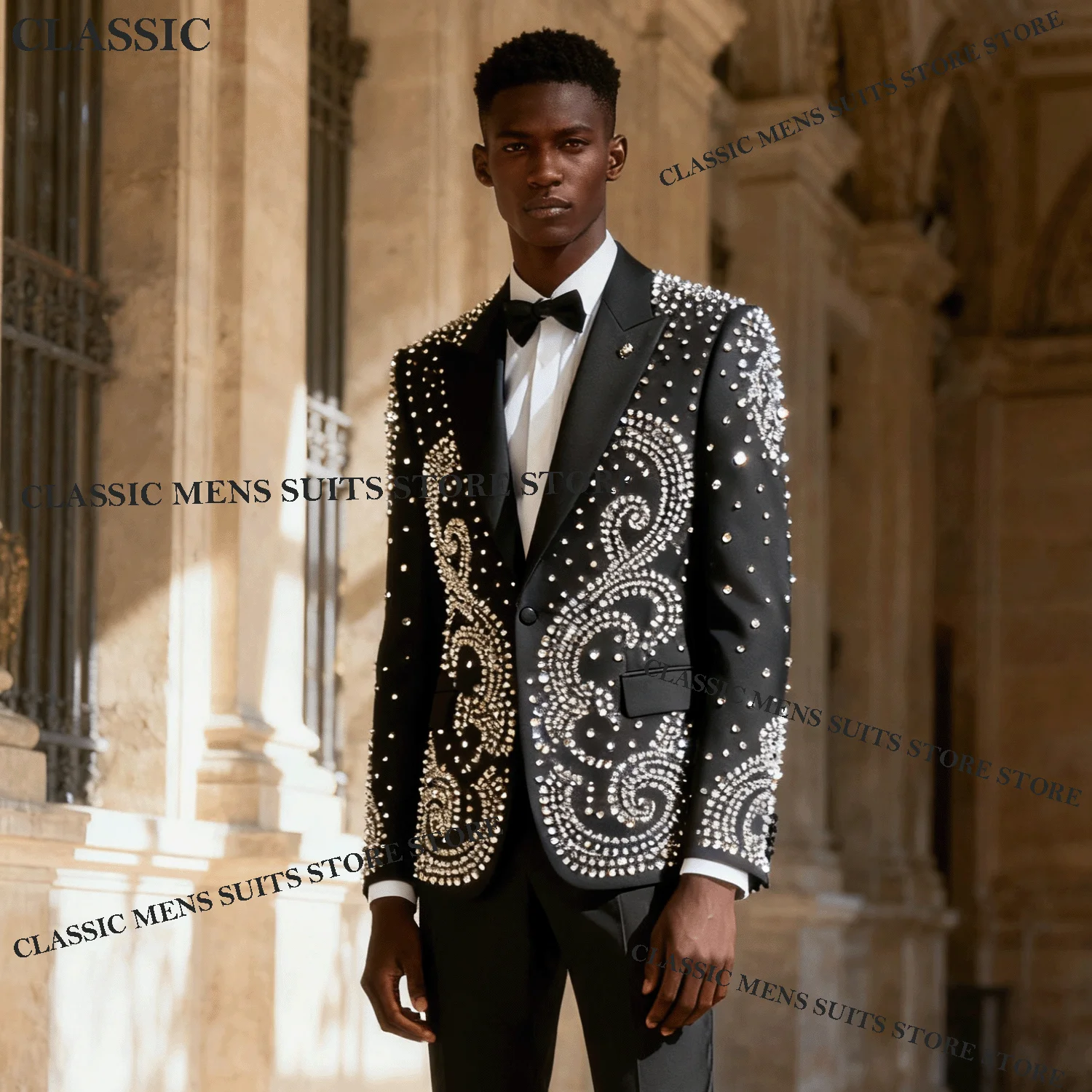 

Luxury Metallic Jewelry Ornament Tuxedo Men Suits 2 Piece Customized Wedding Groom Male Prom Blazer Slim Party Ternos Completo