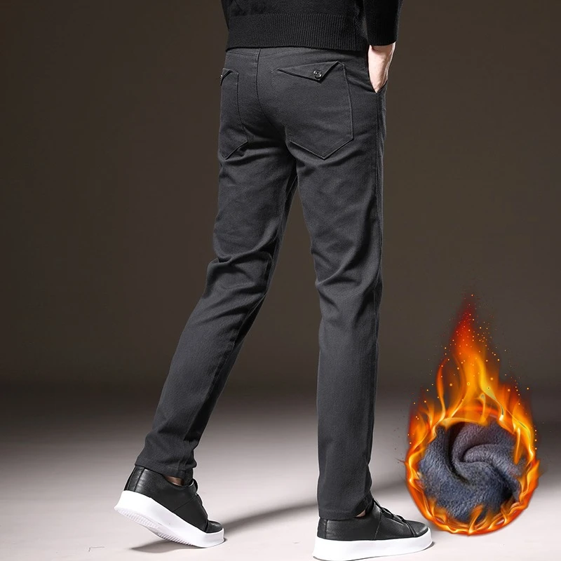 Thickened Fleece Lined Mens Casual Pants Winter Warm Soft Fabric Elastic Straight Pants Comfortable Daily Wear Slim Fit Trousers