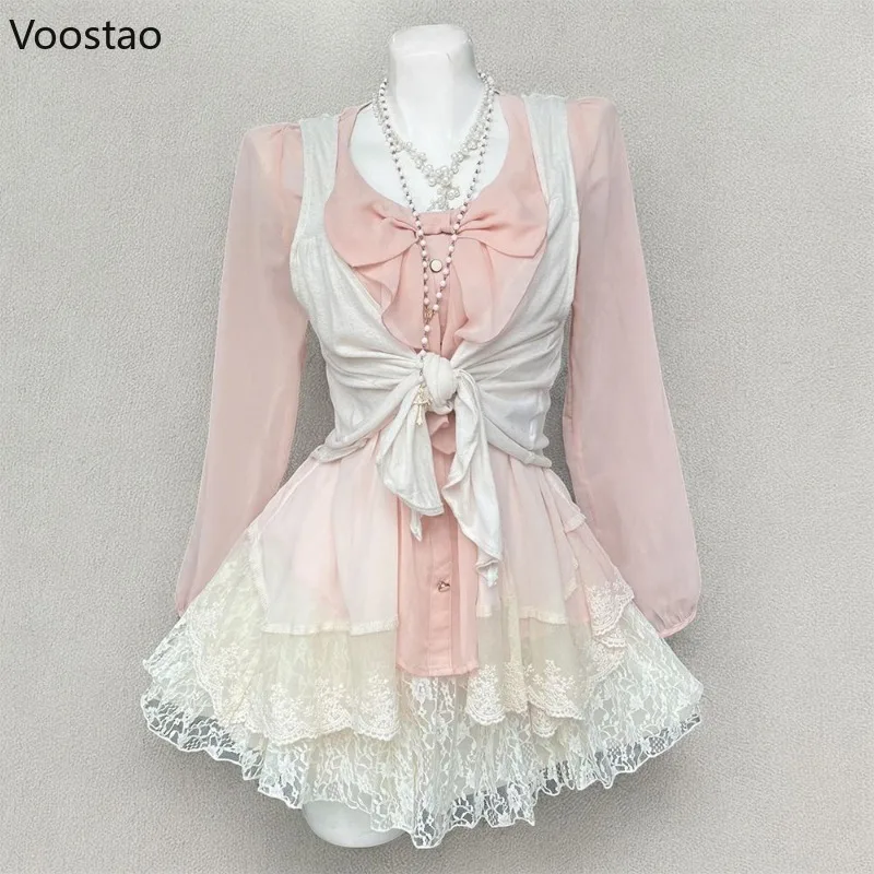 Outono doce lolita estilo 3 peça conjunto feminino kawaii rosa arco babados blusa topos rendas cardigan mini bolo saia feminina y2k outfits
