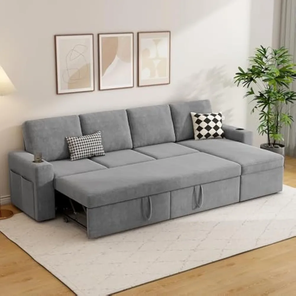أريكة نوم مقاس 102 بوصة، سرير أريكة مقطعي على شكل حرف L مع كرسي تخزين، أريكة قابلة للسحب 2 في 1 مع حاملات أكواب وجانبية #3