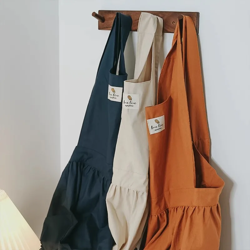 Long Large Pleated Cotton Waterproof Apron Kitchen Women\'s Cross-back Oilproof Stain-resistant Pinafore Smock For Cooking Baking