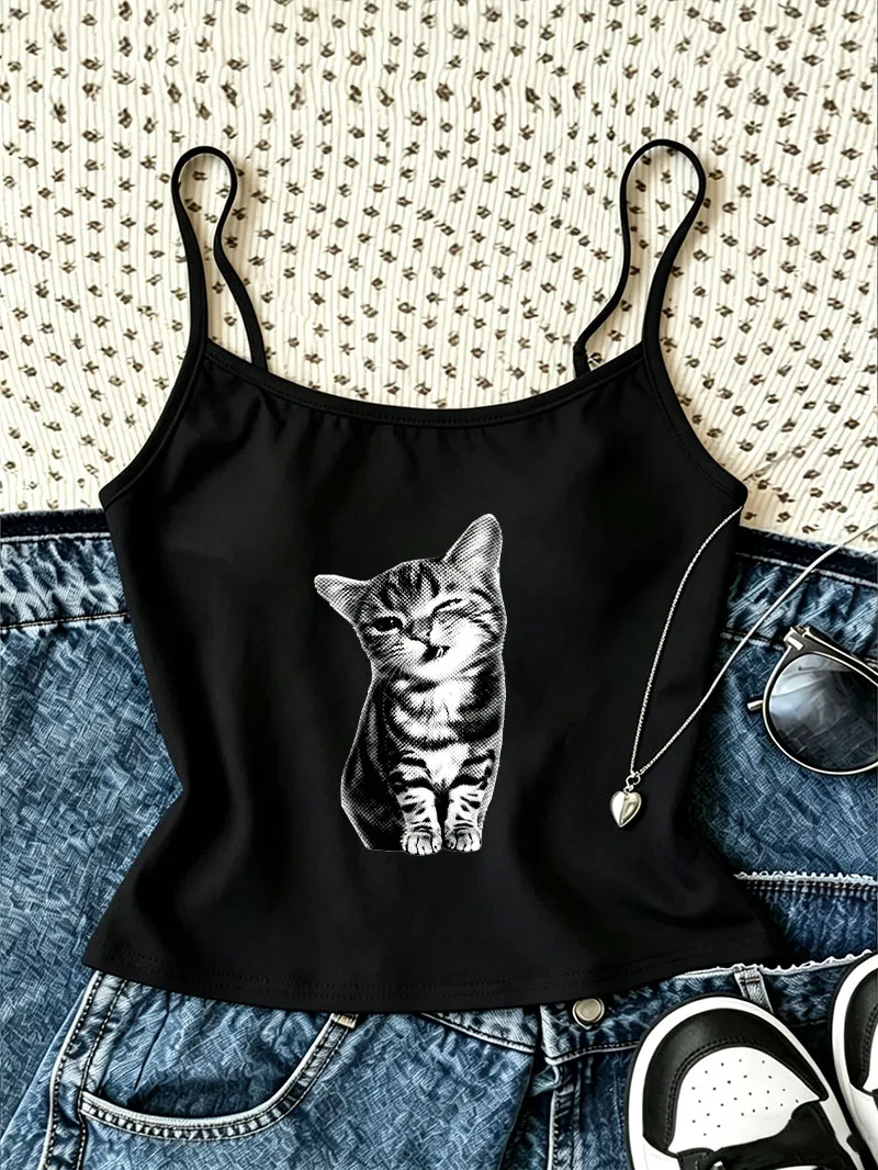 Crop Top Trendy Kawaii Cat Meme Print Camisole Top Retro Casual Vest Y2k Spring Summer 90s Women'S Tank Top Streetwear