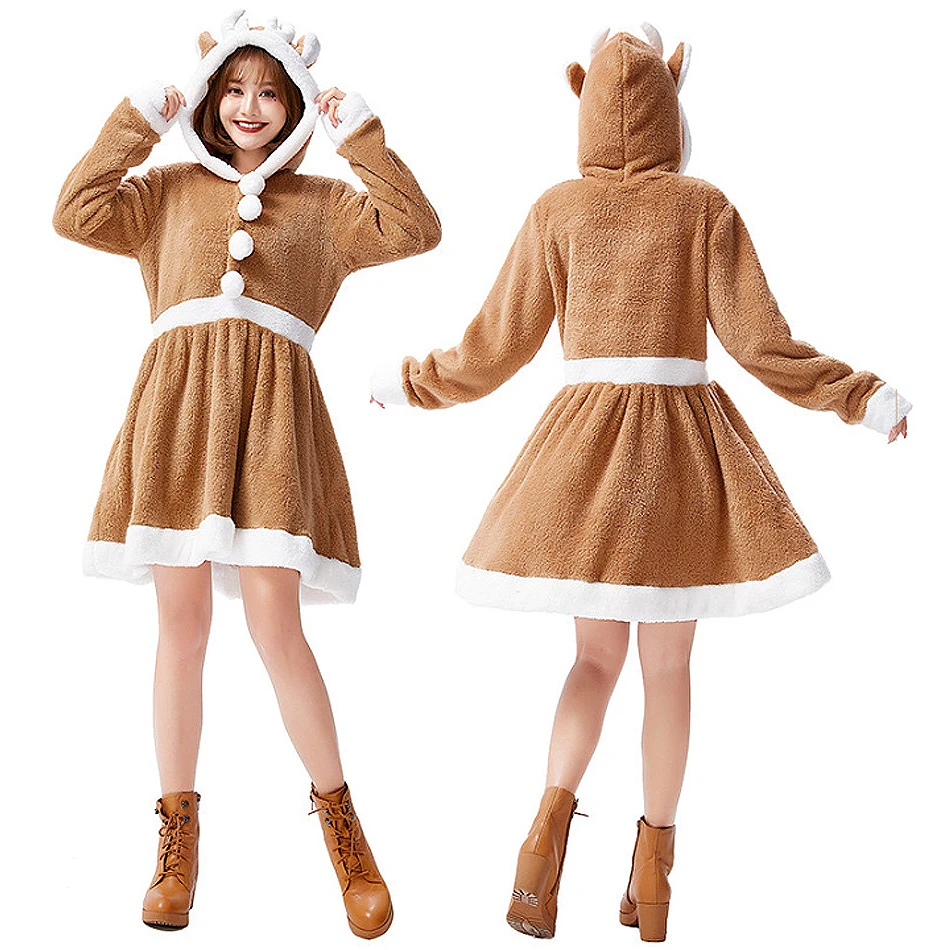 

Kids Adult Christmas Dress Reindeer Cosplay Animal Clothing Loose Pajamas Girls Women Xmas Party Long Sleeved Cute Hooded Frocks