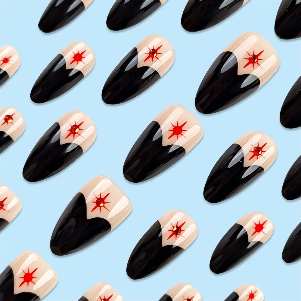 24pcs French Almond Press on Nail with Red Rhinestone Design Fake Nails Girl Wearable Full Cover Ins Simple Fake Nail Patches
