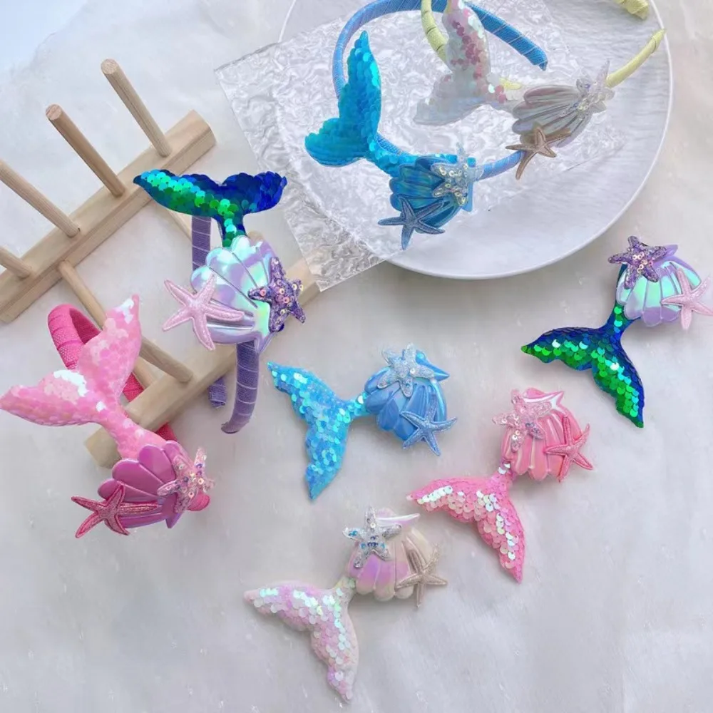 Cartoon Mermaid Children Headband Cute Thin Hair Hoop Starfish Shell Princess Laser Sequin Hairband Women Girl Hair Accessory view 4
