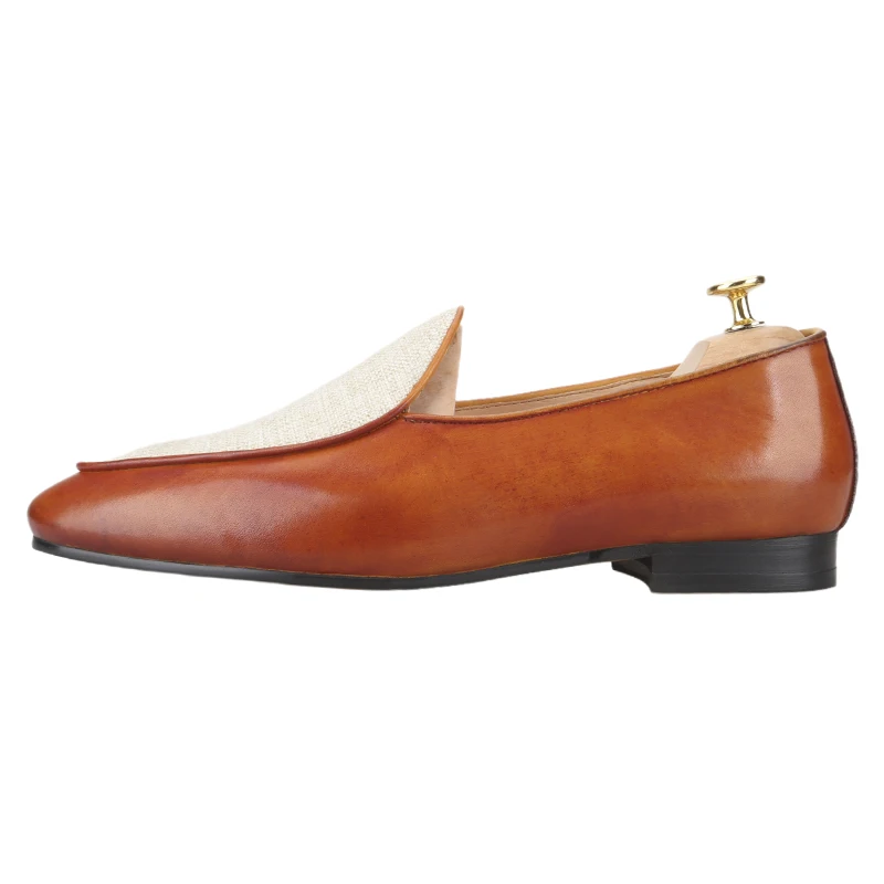 Piergitar Old Money Aesthetic Hand-Polished Brown Calfskin Patchwork Beige Cotton Men's Loafers Summer Style Slip-on Slippers