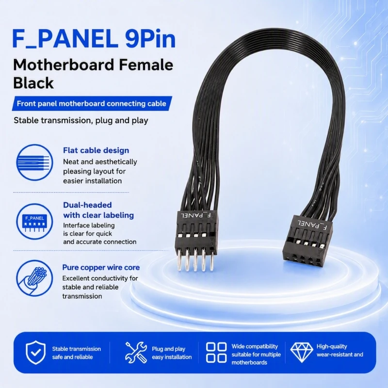 9-Pin F_PANEL Cable Extension, Flat Male-to-Female Ribbon End Layout With F_PANEL Text for Desktop Case Routing D2RC