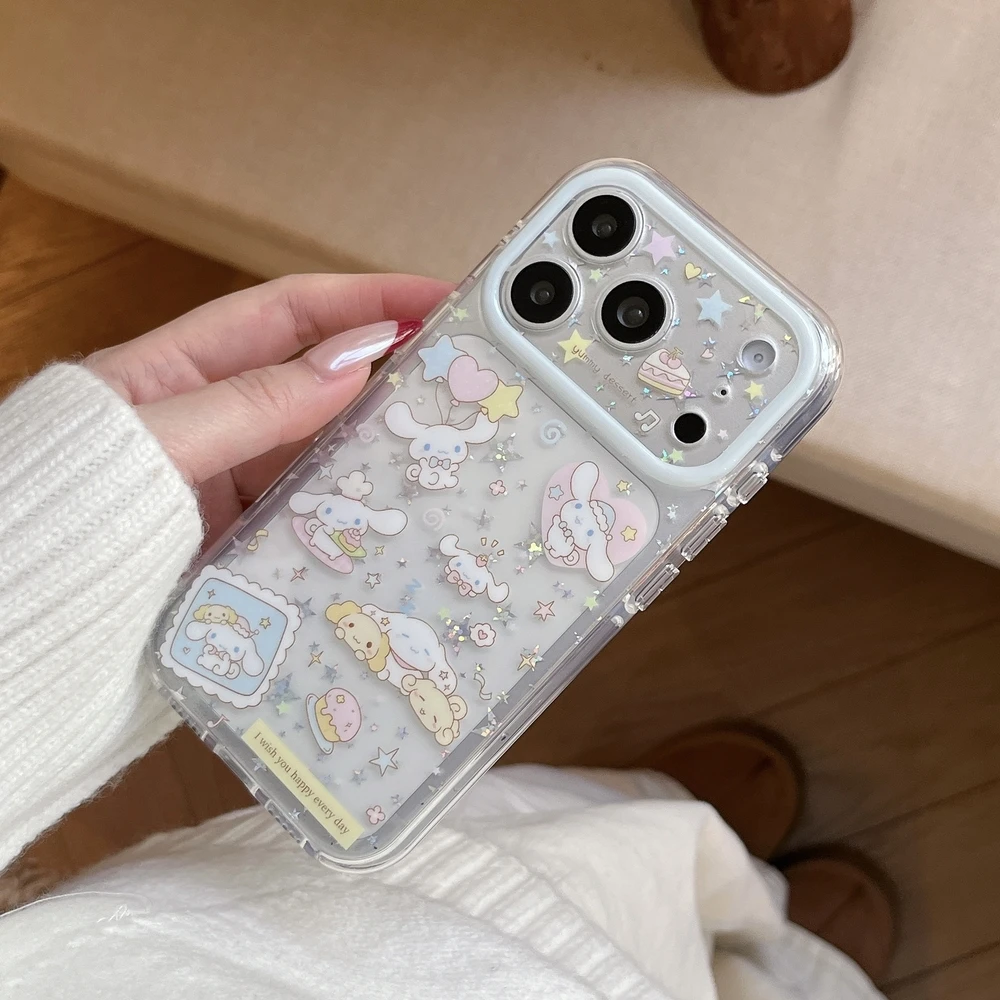 Capa de Celular Transparente de TPU Macio com Glitter e Estrelas Brilhantes do Cinnamoroll da Sanrio para iPhone 17 16 15 14 13 Pro Max