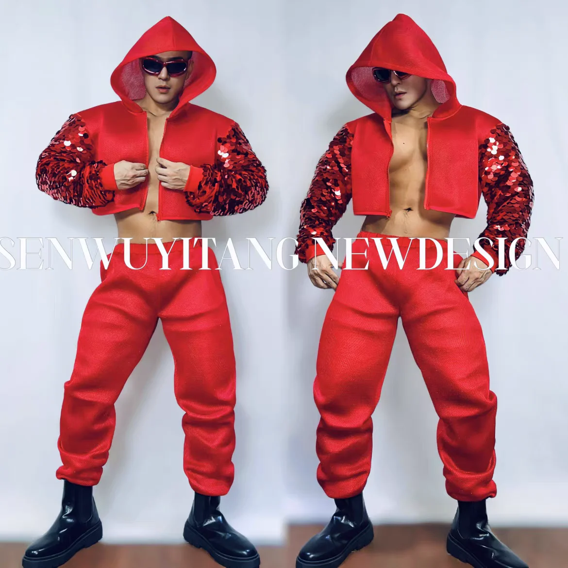 Ensemble de Veste Sexy à Paillettes Rouges pour Homme, Costume de Scène, Bar, Discothèque, Chanteur Hip-Hop, Vêtements de Scène, ixde Vacances, Spectacle à Thème