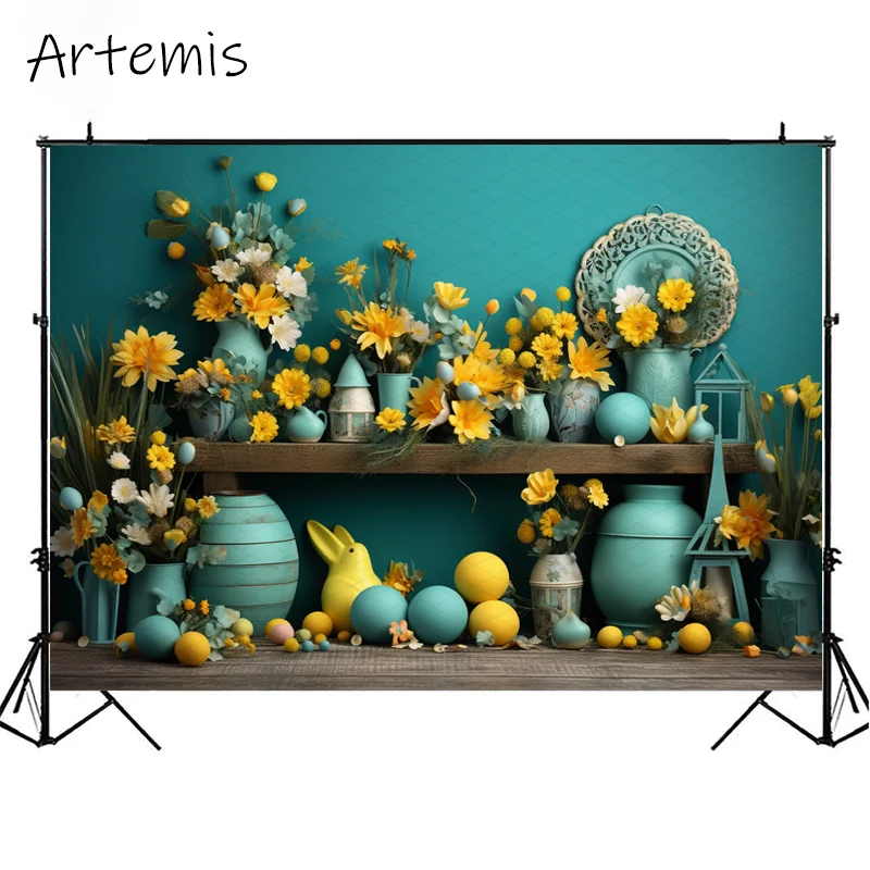 Easter Photography Backdrop Colorful Easter Decor Flowers Light Turquoise Yellow Baby Birthday Portrait Background Photo Studio