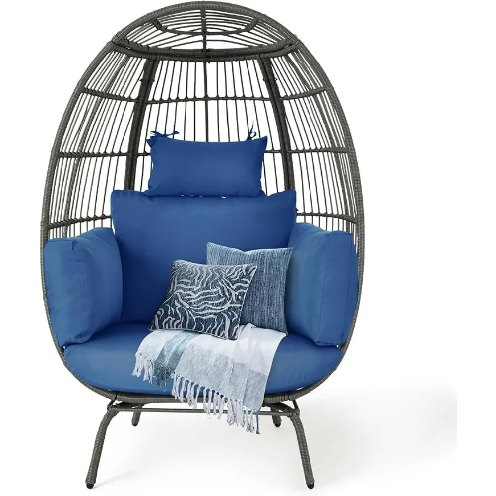 

Wicker Egg Chairs Outdoor Indoor, Oversized 370lbs Capacity Large Egg Chairs Stand Cushion Egg Basket Chair for Patio,Steelblue