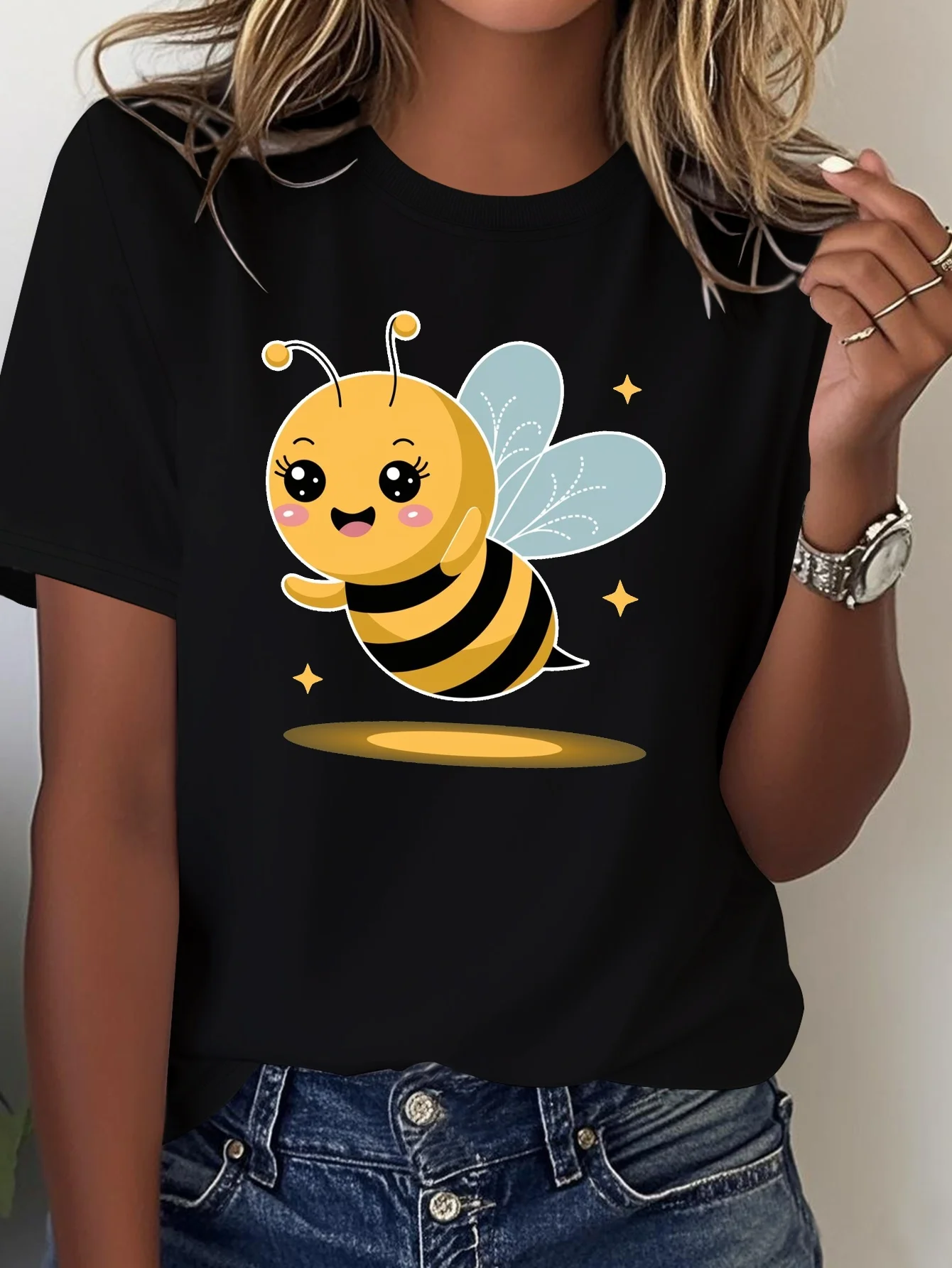 Women's Cute Cartoon Bee and Star Printed T-shirt Soft Casual Top Yellow Bee and Black Stripe Spring/Summer Clothing Casual Wear
