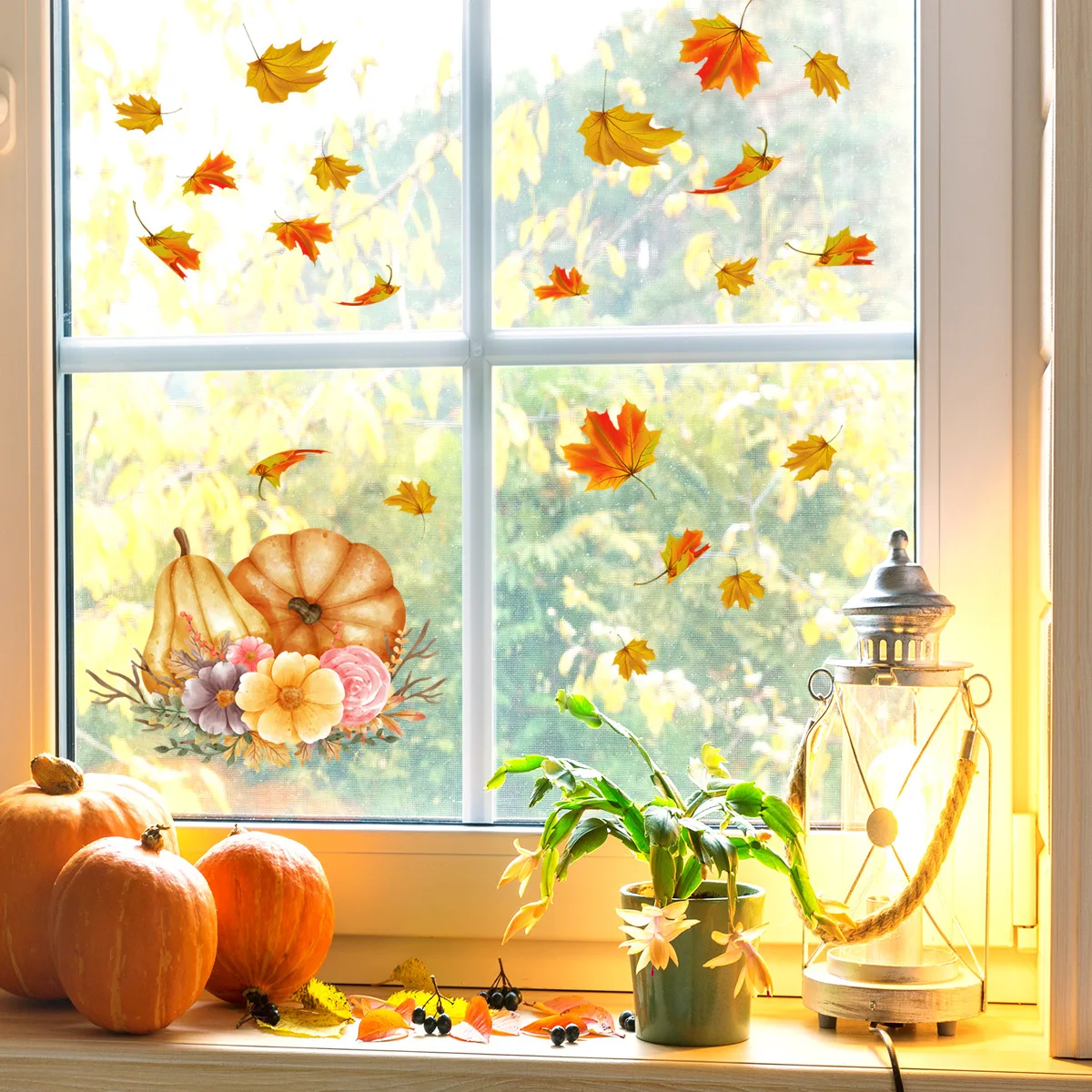 Thanksgiving Walls Stickers Decorations Window Cling Decals Autumn Paint Maple Leaves Pumpkin  Fall Window Glass Art Mural Decor