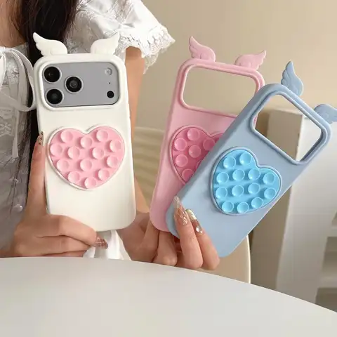 Liquid Silicone Angel Love Heart Suction Cup Protection Case For iPhone 18 17 16 Pro Max Plus Girl Shockproof Phone Soft Cover