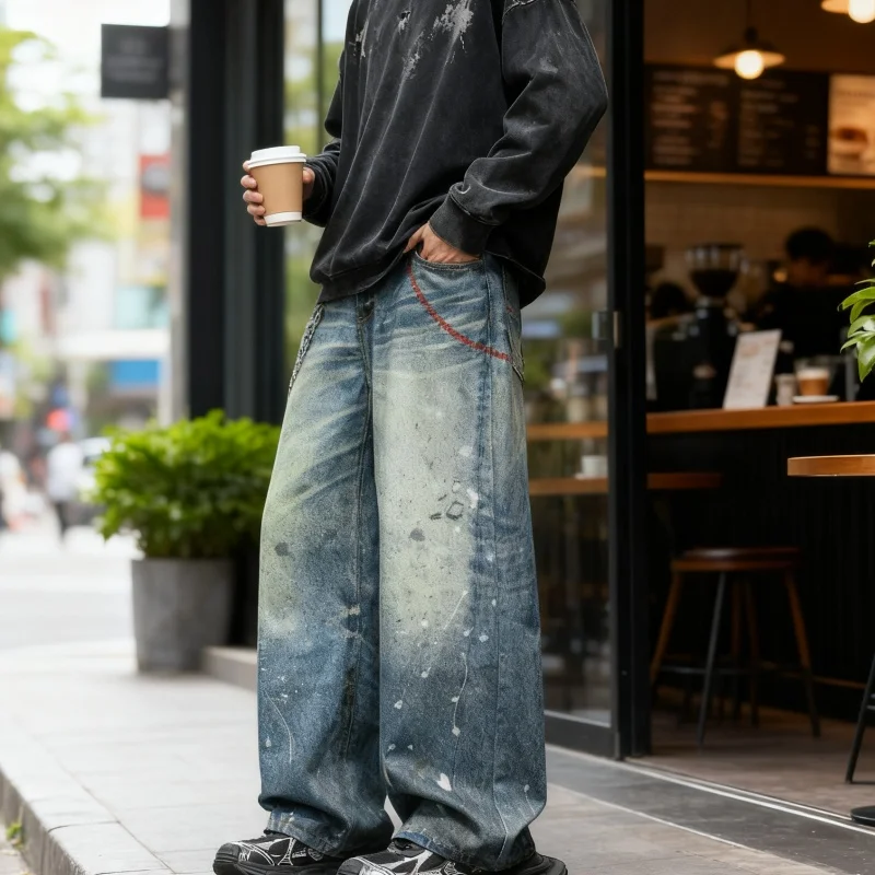 

American street retro washed dirty straight leg loose high waisted jeans with distressed chain print men's straight leg jeans