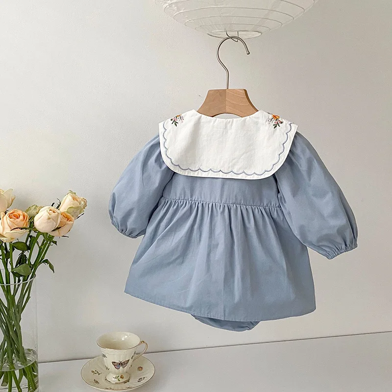 Spring Quality Embroidery Peter Pan Collar Toddler Baby Girl Bodysuit Dress Cute One Piece Infant Jumpsuits