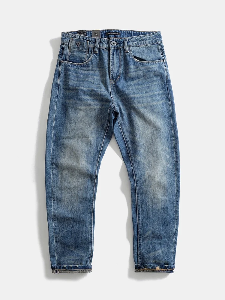 

Heavyweight Pure Cotton 3D Tailored Vintage Waed Men's Casual Straight Leg Jeans Trendy Long Trousers Comfortable Fit