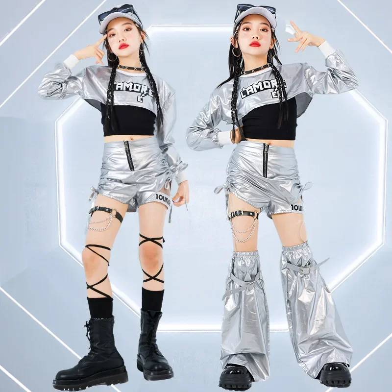 

Серебристый металлический костюм для джазовых и хип-хоп танцев для девочек, детский наряд для выступлений в стиле K-pop, одежда для уличных танцев и соревнований на подиуме