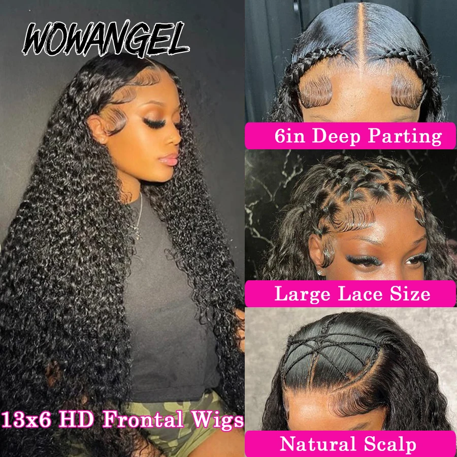 Wow Angel 13x6 HD Lace Full Frontal Wigs Water Wave Melt Skins Transparent HD Lace Front Human Hair Wigs Pre Plucked curly Wigs