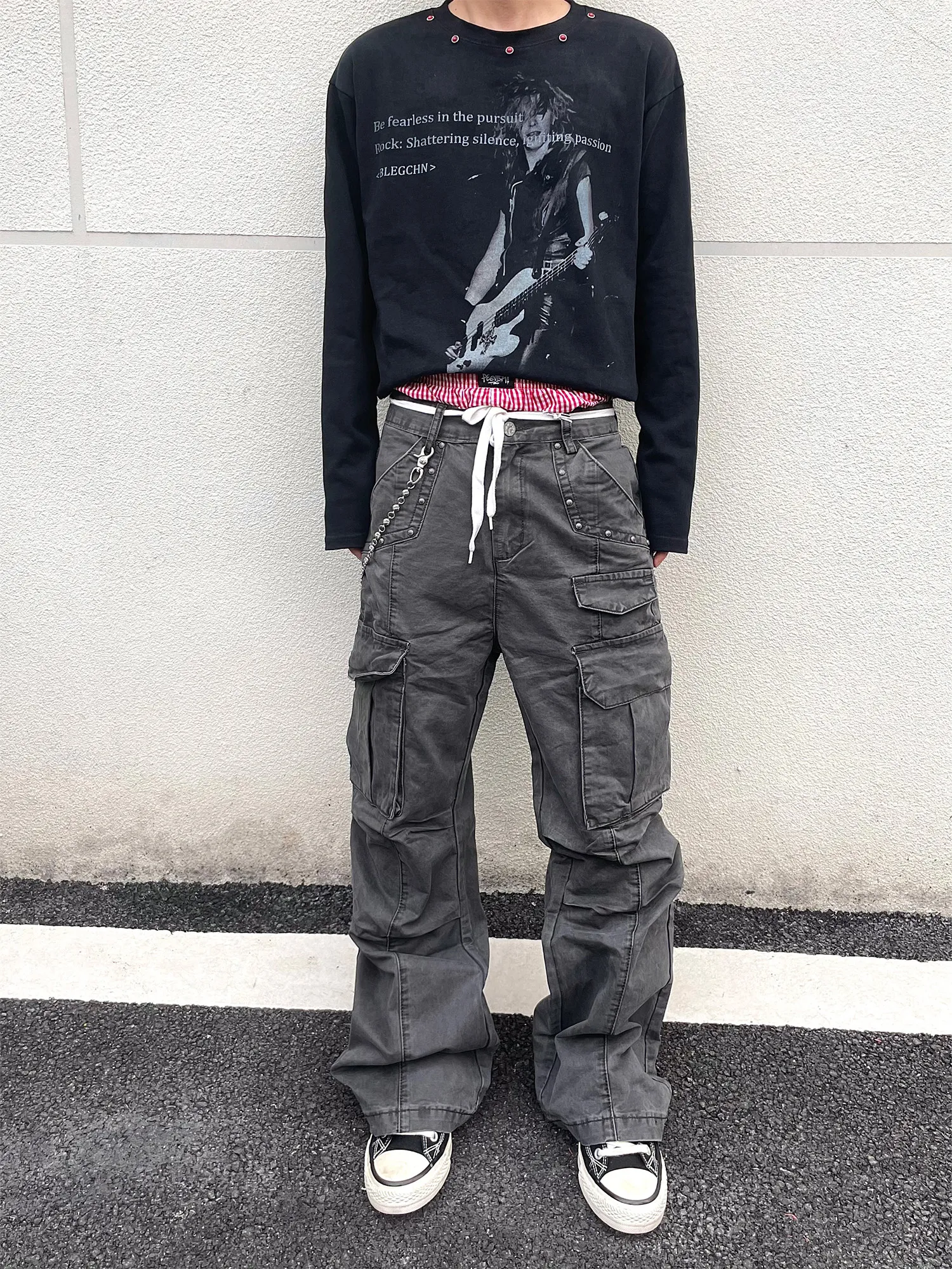 

Retro Washed American High Street Loose Straight Leg Vintage Work Trousers Carbon Grey Rivet Pocket Logging Jeans Men's Denim