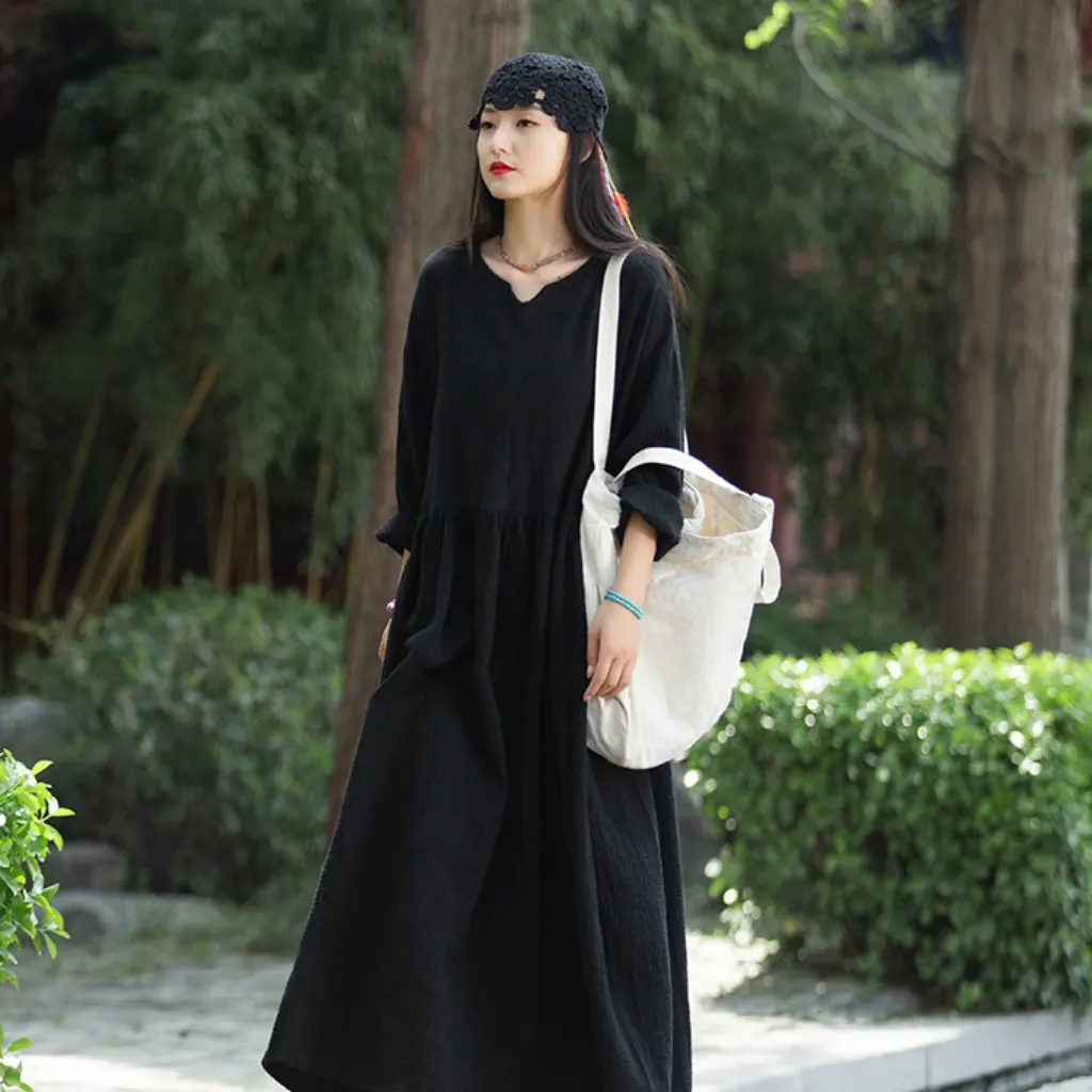 Elegant Vintage Fairy Long Dress Autumn Winter V-Neck Textured Raw Linen Double-Layered Robe with Large Hem Loose Fit