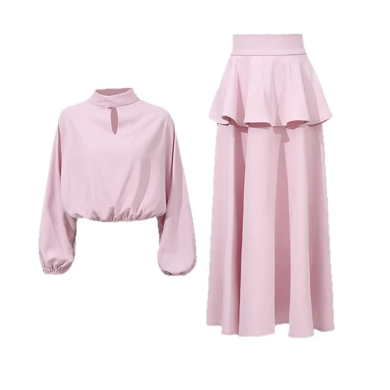

SuperAen Fashion 2025 Summer New Korean Style Pink Loose Long-sleeved Pullover Tops Ruffled Spliced A-line Skirts Two-piece Sets